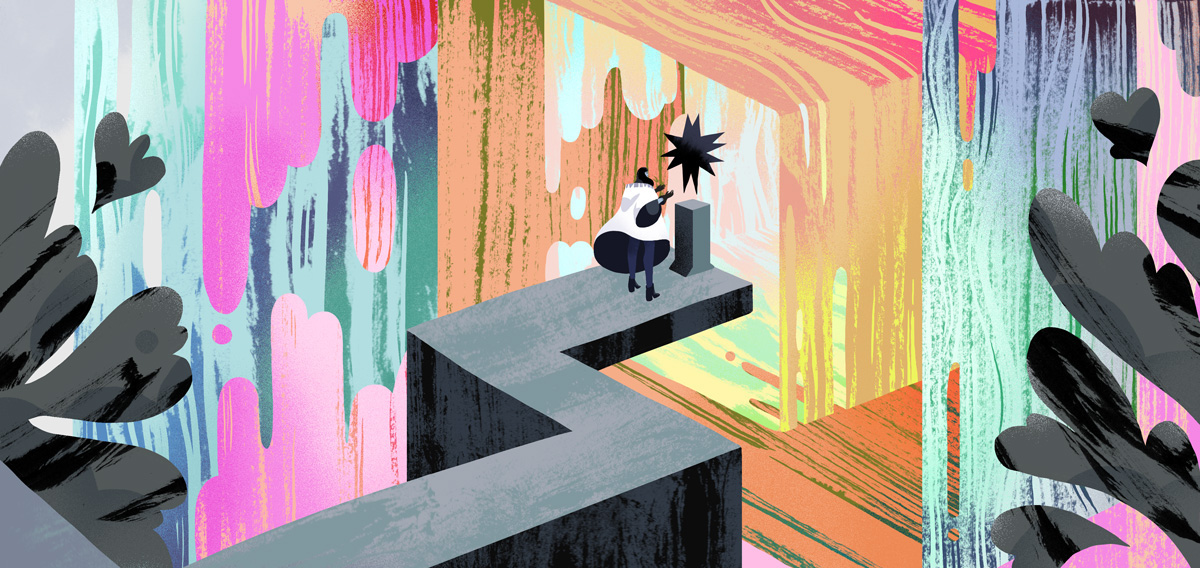 An illustrated character at the end of a platform with a shiny object floating at the end