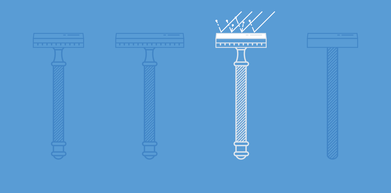 Four razors, one with razor blade deflecting potential harm highlighted